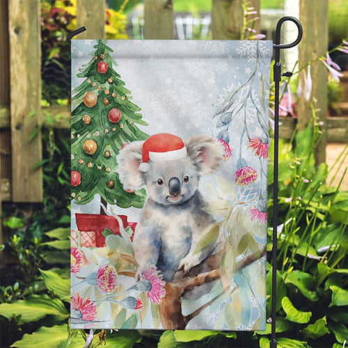 Australia Christmas Garden Flag Koala Santa With Eucalyptus - Watercolor