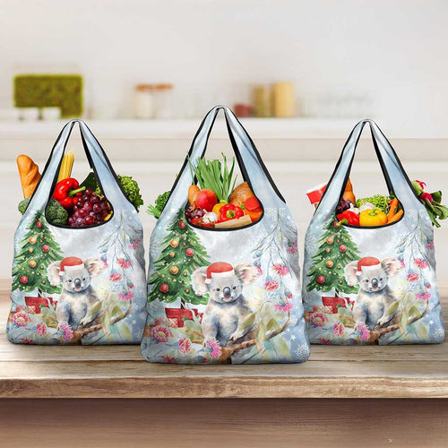 Australia Christmas Grocery Bag Koala Santa With Eucalyptus - Watercolor