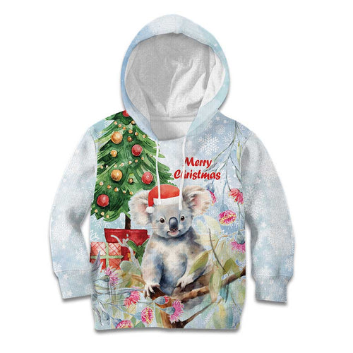 Australia Christmas Kid Hoodie Koala Santa With Eucalyptus - Watercolor