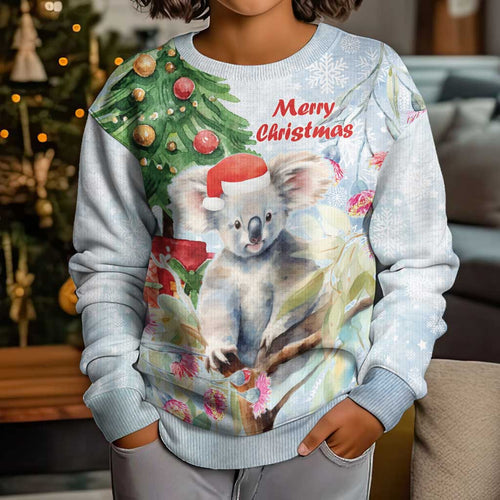 Australia Christmas Kid Ugly Christmas Sweater Koala Santa With Eucalyptus - Watercolor
