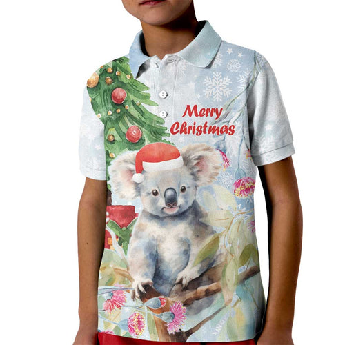 Australia Christmas Kid Polo Shirt Koala Santa With Eucalyptus - Watercolor