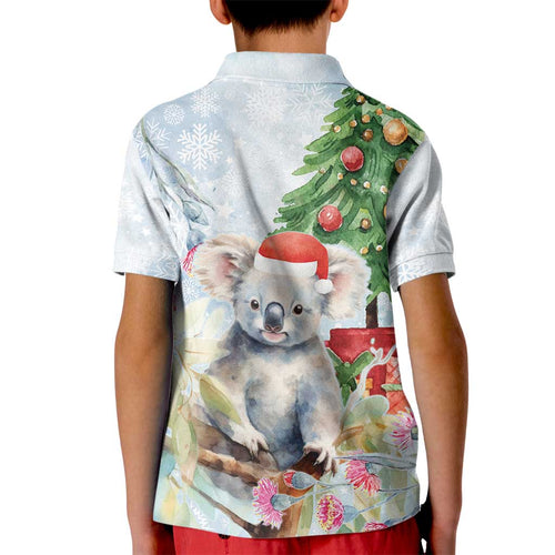 Australia Christmas Kid Polo Shirt Koala Santa With Eucalyptus - Watercolor