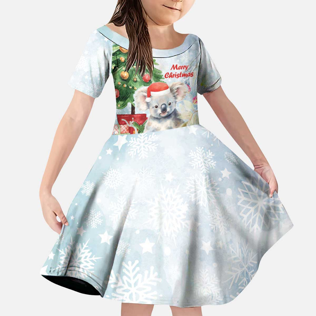 Australia Christmas Kid Short Sleeve Dress Koala Santa With Eucalyptus - Watercolor