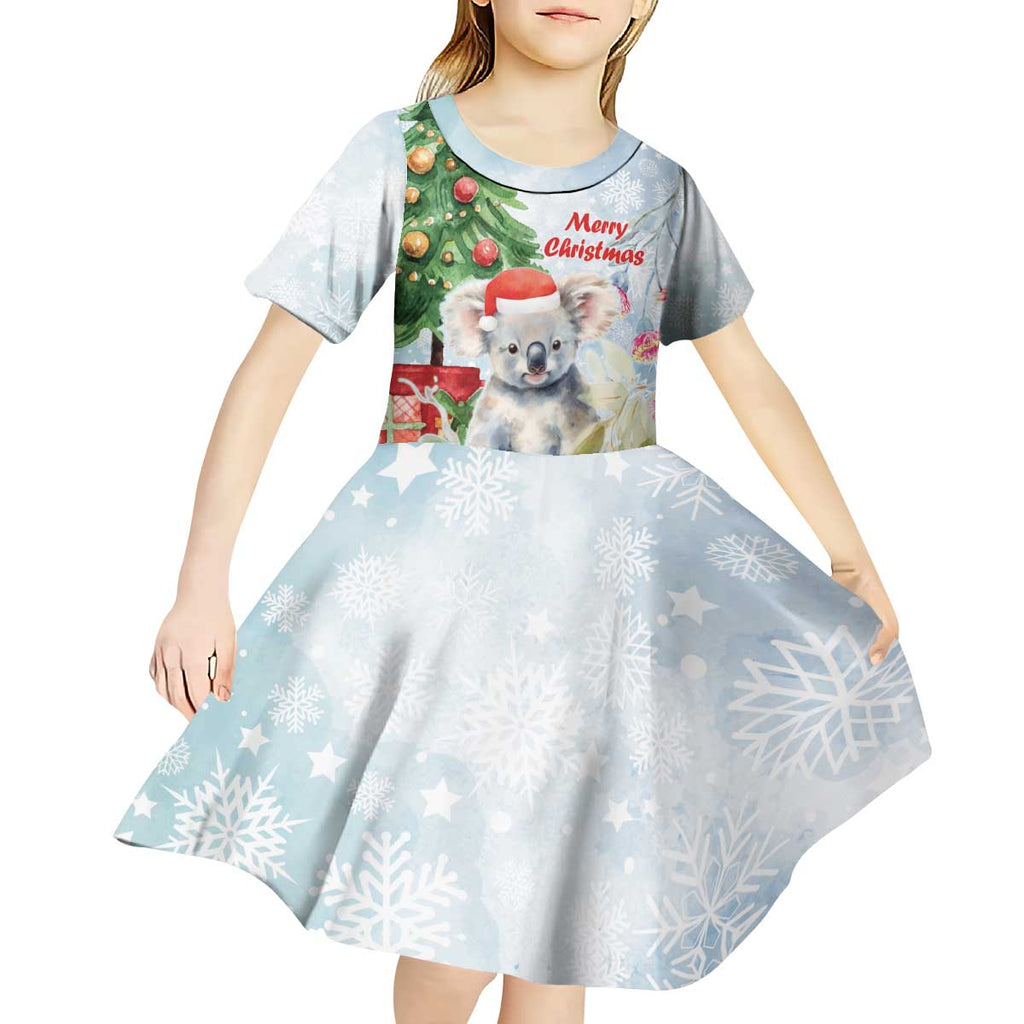 Australia Christmas Kid Short Sleeve Dress Koala Santa With Eucalyptus - Watercolor