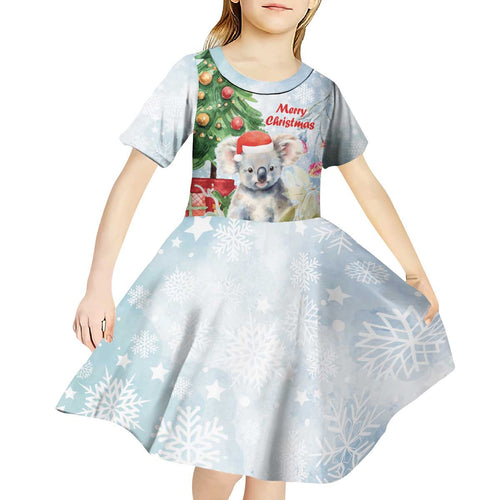 Australia Christmas Kid Short Sleeve Dress Koala Santa With Eucalyptus - Watercolor