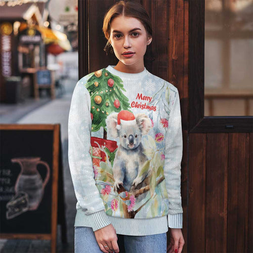 Australia Christmas Ugly Christmas Sweater Koala Santa With Eucalyptus - Watercolor