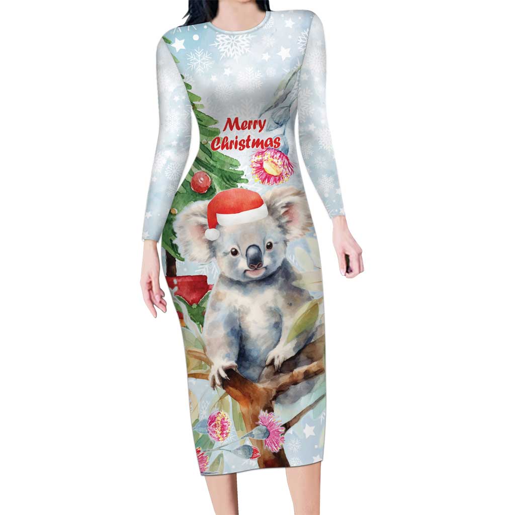 Australia Christmas Long Sleeve Bodycon Dress Koala Santa With Eucalyptus - Watercolor