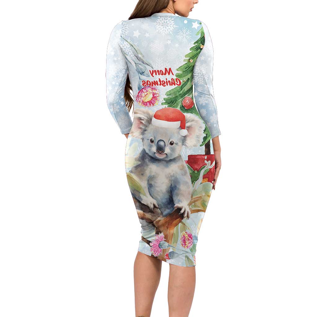 Australia Christmas Long Sleeve Bodycon Dress Koala Santa With Eucalyptus - Watercolor