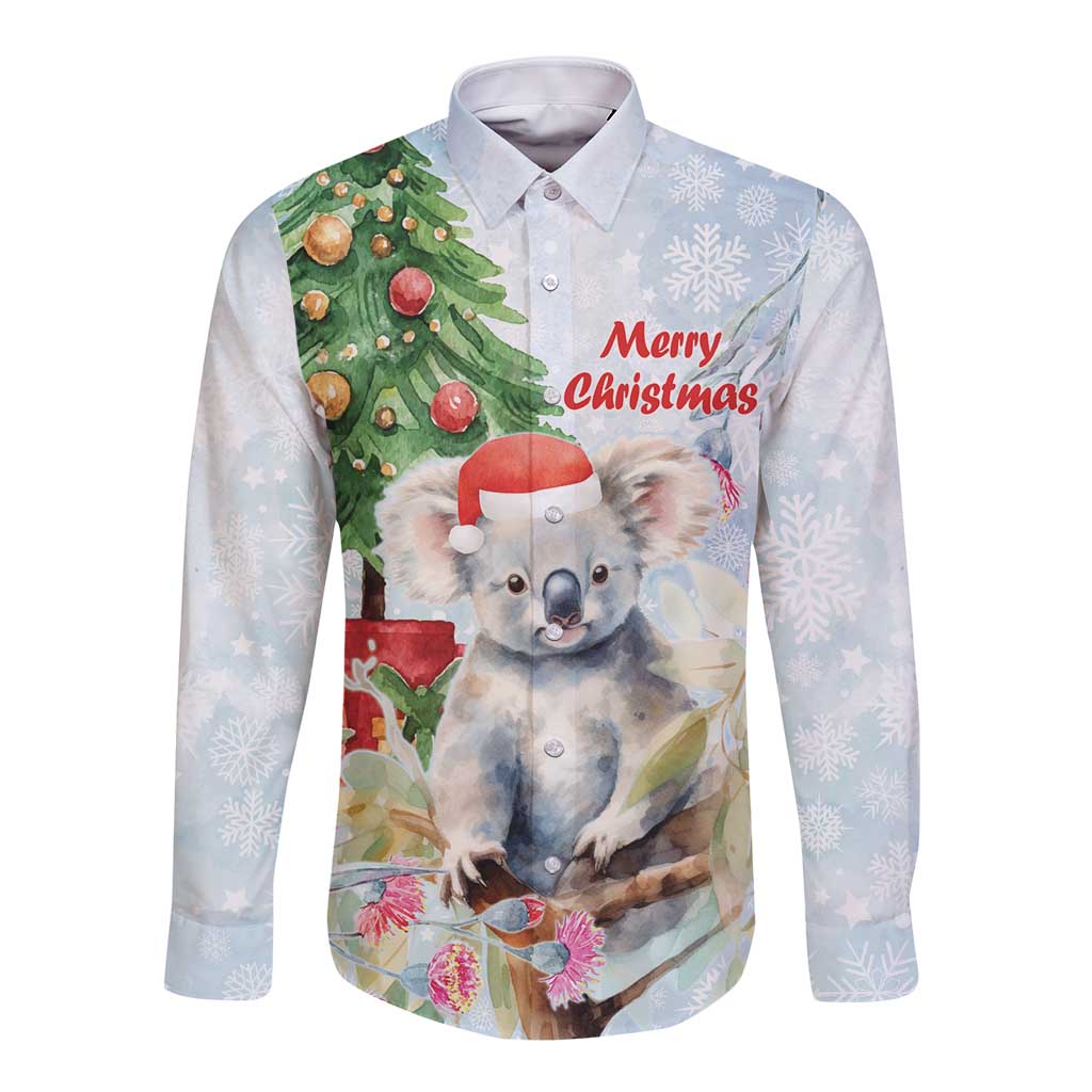 Australia Christmas Long Sleeve Button Shirt Koala Santa With Eucalyptus - Watercolor