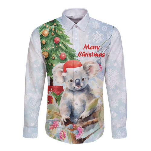 Australia Christmas Long Sleeve Button Shirt Koala Santa With Eucalyptus - Watercolor