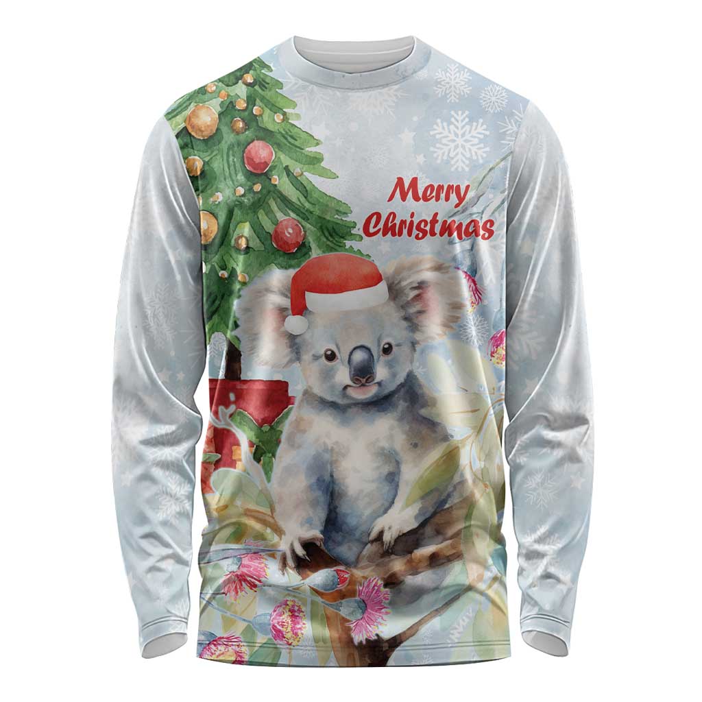 Australia Christmas Long Sleeve Shirt Koala Santa With Eucalyptus - Watercolor
