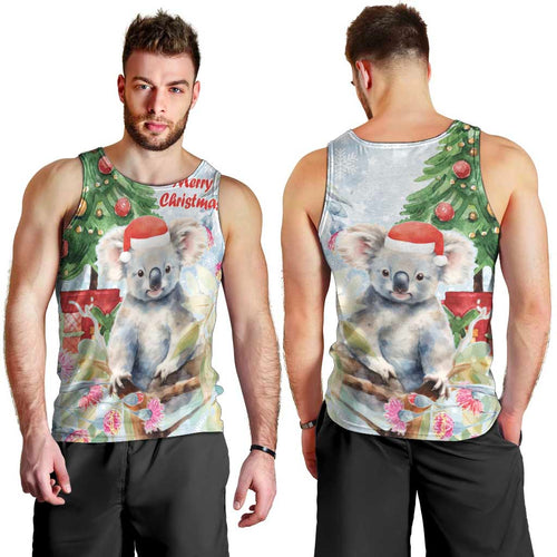 Australia Christmas Men Tank Top Koala Santa With Eucalyptus - Watercolor