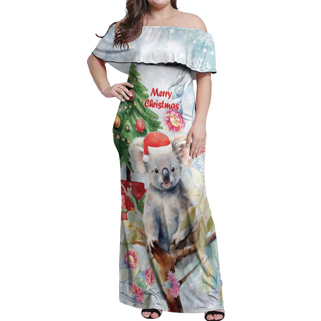 Australia Christmas Off Shoulder Maxi Dress Koala Santa With Eucalyptus - Watercolor