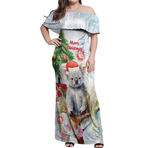 Australia Christmas Off Shoulder Maxi Dress Koala Santa With Eucalyptus - Watercolor