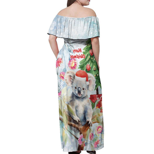 Australia Christmas Off Shoulder Maxi Dress Koala Santa With Eucalyptus - Watercolor