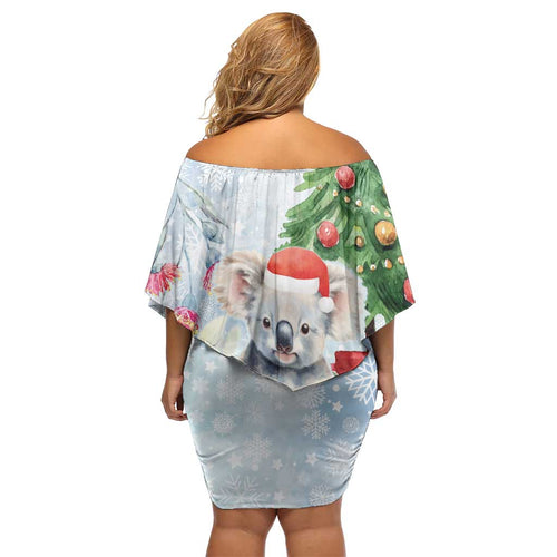 Australia Christmas Off Shoulder Short Dress Koala Santa With Eucalyptus - Watercolor