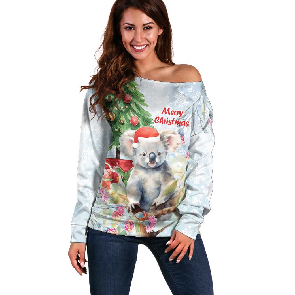 Australia Christmas Off Shoulder Sweater Koala Santa With Eucalyptus - Watercolor