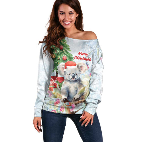 Australia Christmas Off Shoulder Sweater Koala Santa With Eucalyptus - Watercolor