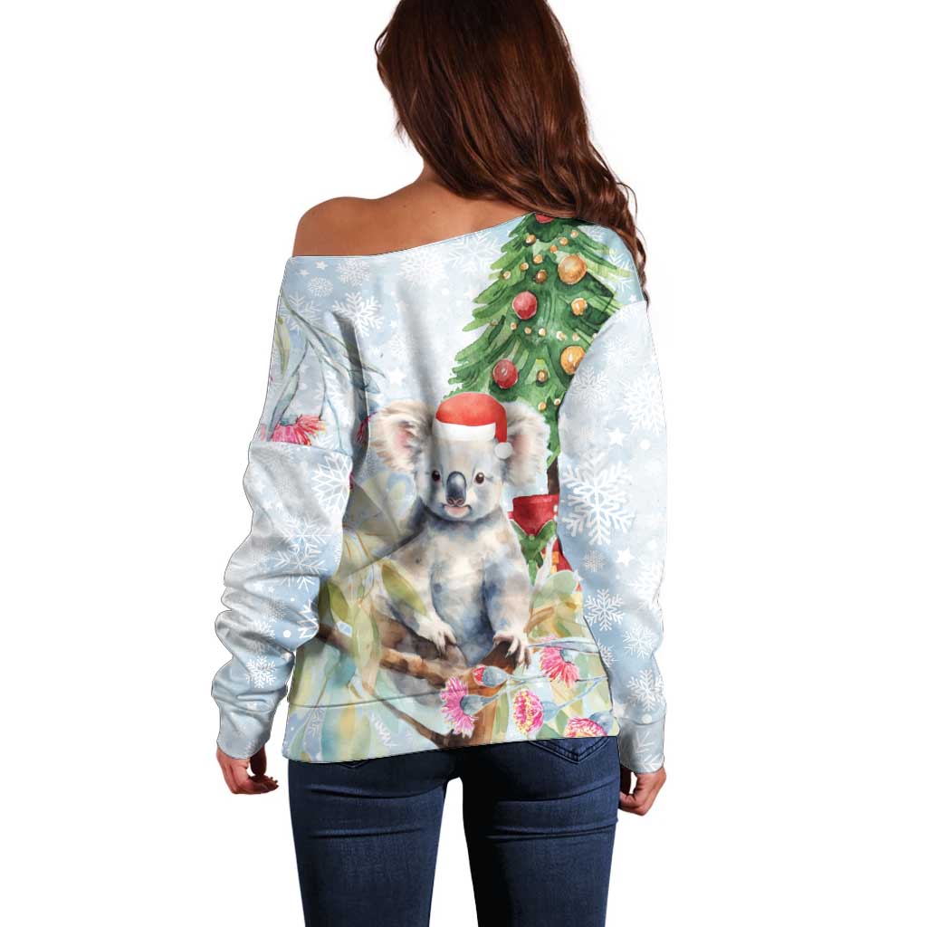 Australia Christmas Off Shoulder Sweater Koala Santa With Eucalyptus - Watercolor