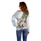Australia Christmas Off Shoulder Sweater Koala Santa With Eucalyptus - Watercolor