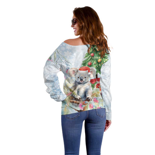 Australia Christmas Off Shoulder Sweater Koala Santa With Eucalyptus - Watercolor