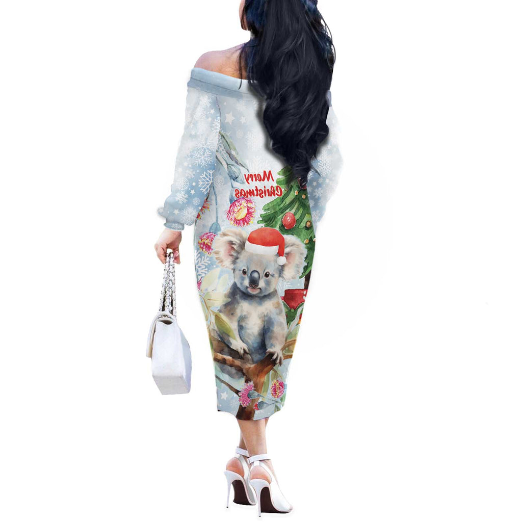 Australia Christmas Off The Shoulder Long Sleeve Dress Koala Santa With Eucalyptus - Watercolor