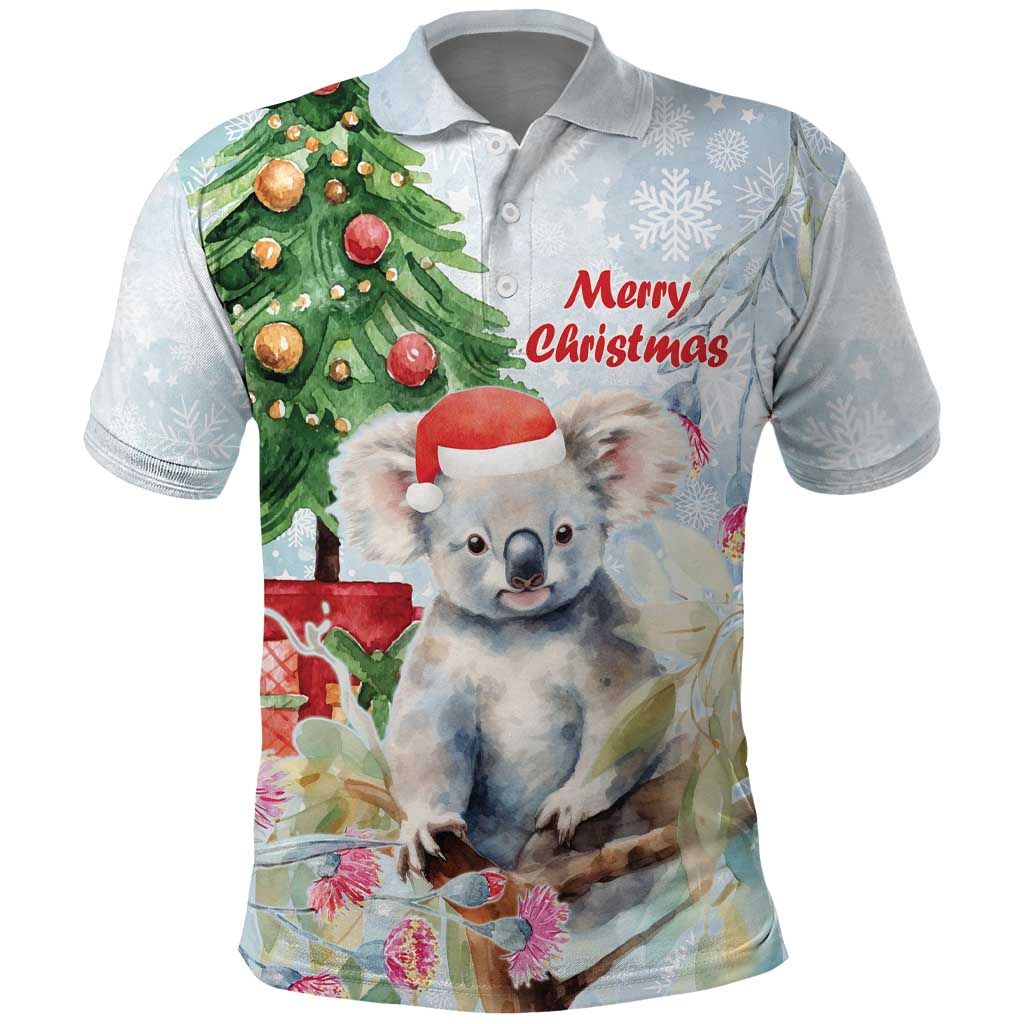Australia Christmas Polo Shirt Koala Santa With Eucalyptus - Watercolor