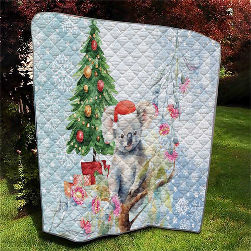 Australia Christmas Quilt Koala Santa With Eucalyptus - Watercolor