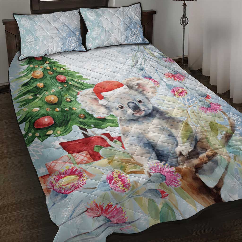 Australia Christmas Quilt Bed Set Koala Santa With Eucalyptus - Watercolor