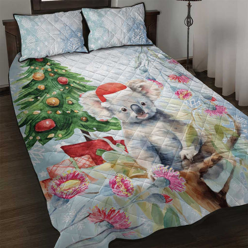 Australia Christmas Quilt Bed Set Koala Santa With Eucalyptus - Watercolor