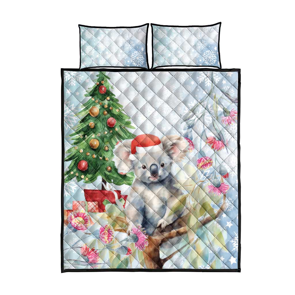 Australia Christmas Quilt Bed Set Koala Santa With Eucalyptus - Watercolor
