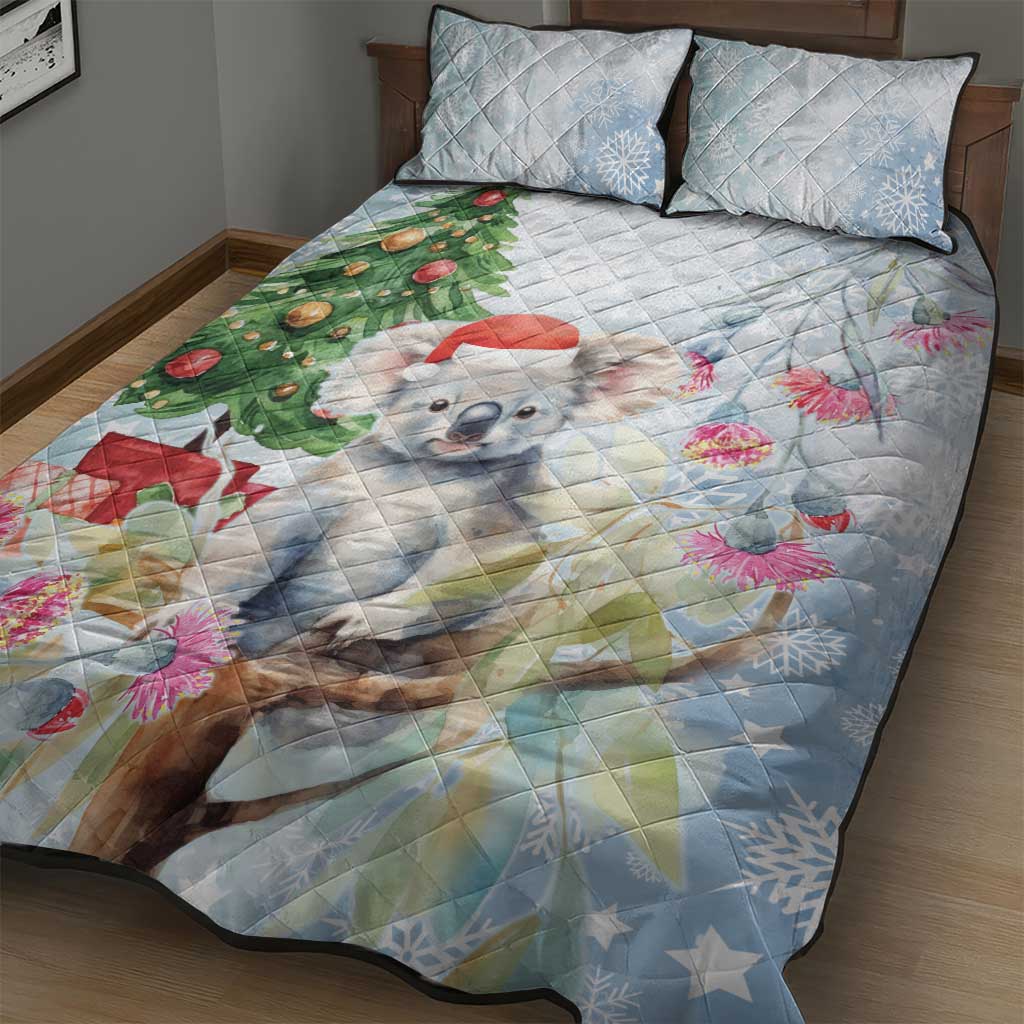 Australia Christmas Quilt Bed Set Koala Santa With Eucalyptus - Watercolor