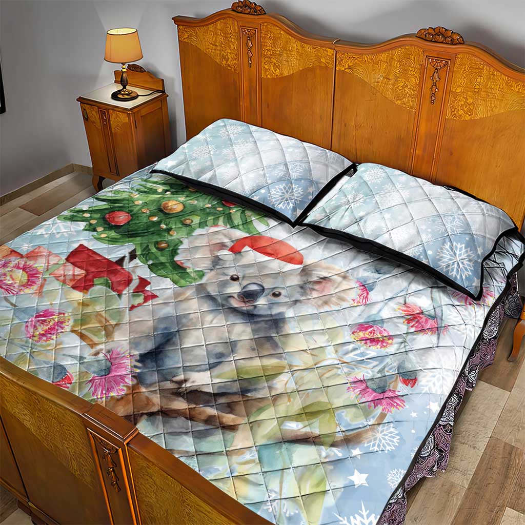 Australia Christmas Quilt Bed Set Koala Santa With Eucalyptus - Watercolor