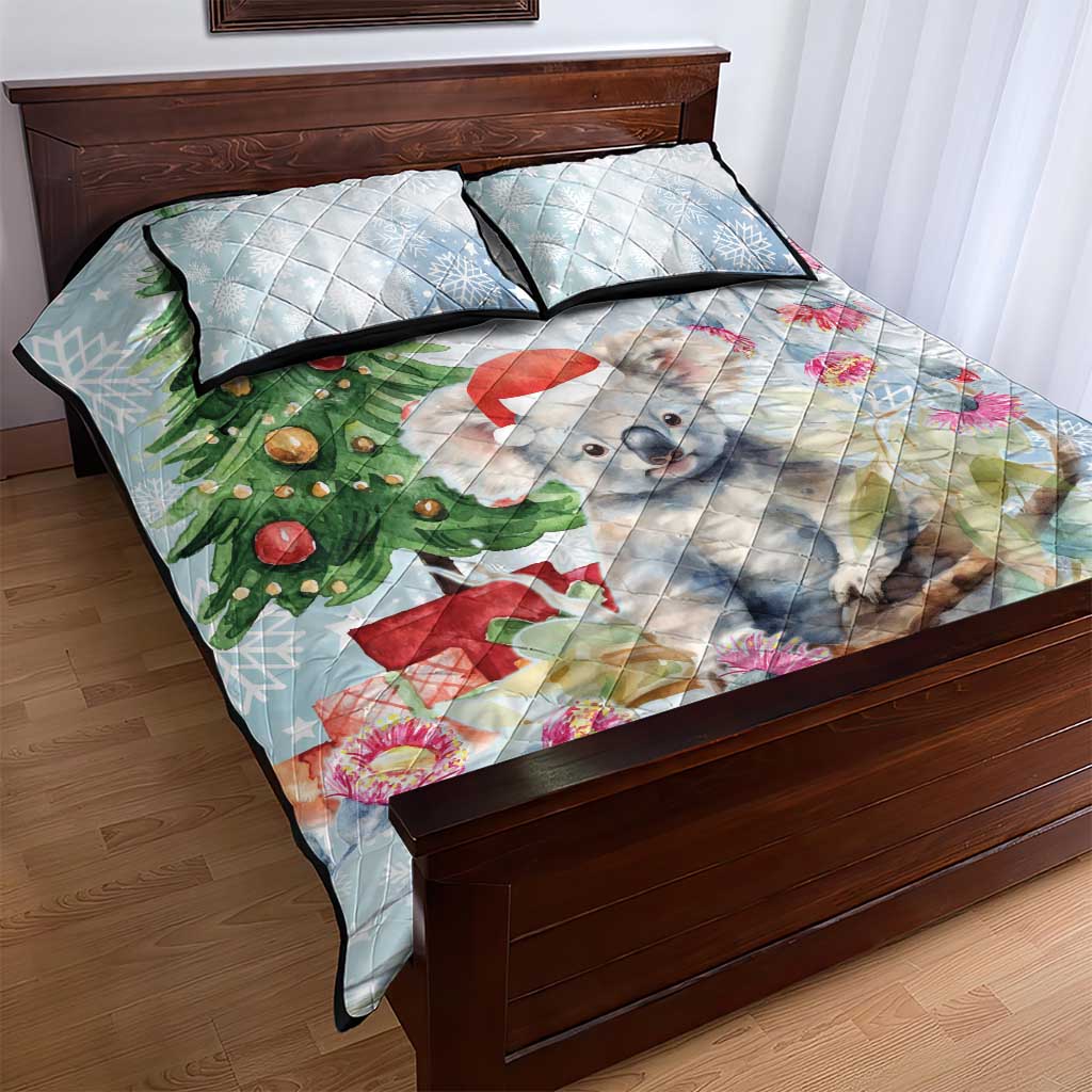 Australia Christmas Quilt Bed Set Koala Santa With Eucalyptus - Watercolor