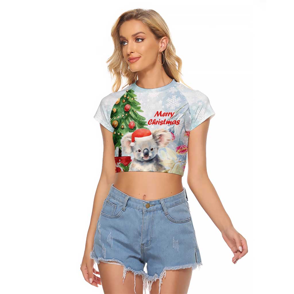 Australia Christmas Raglan Cropped T Shirt Koala Santa With Eucalyptus - Watercolor