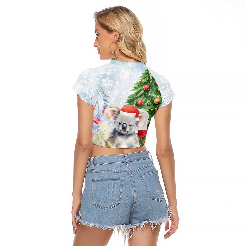 Australia Christmas Raglan Cropped T Shirt Koala Santa With Eucalyptus - Watercolor