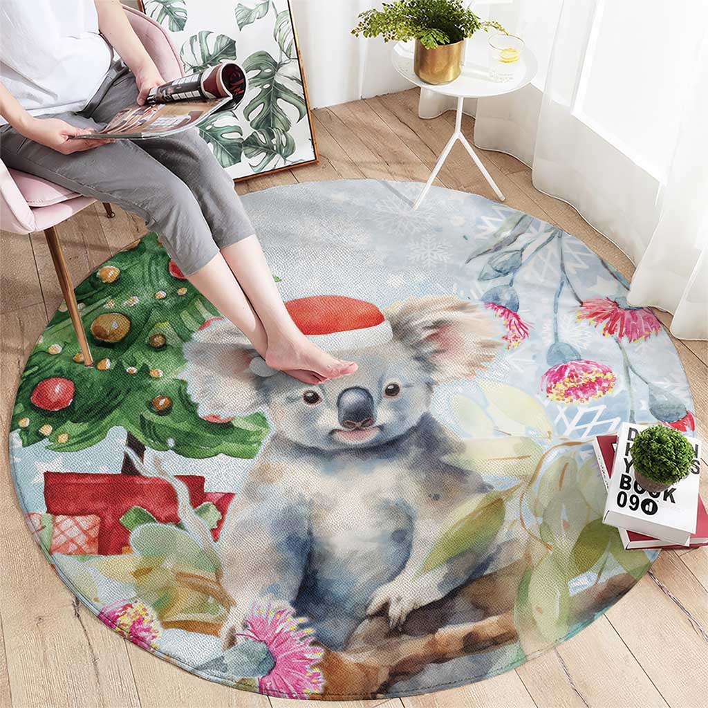 Australia Christmas Round Carpet Koala Santa With Eucalyptus - Watercolor