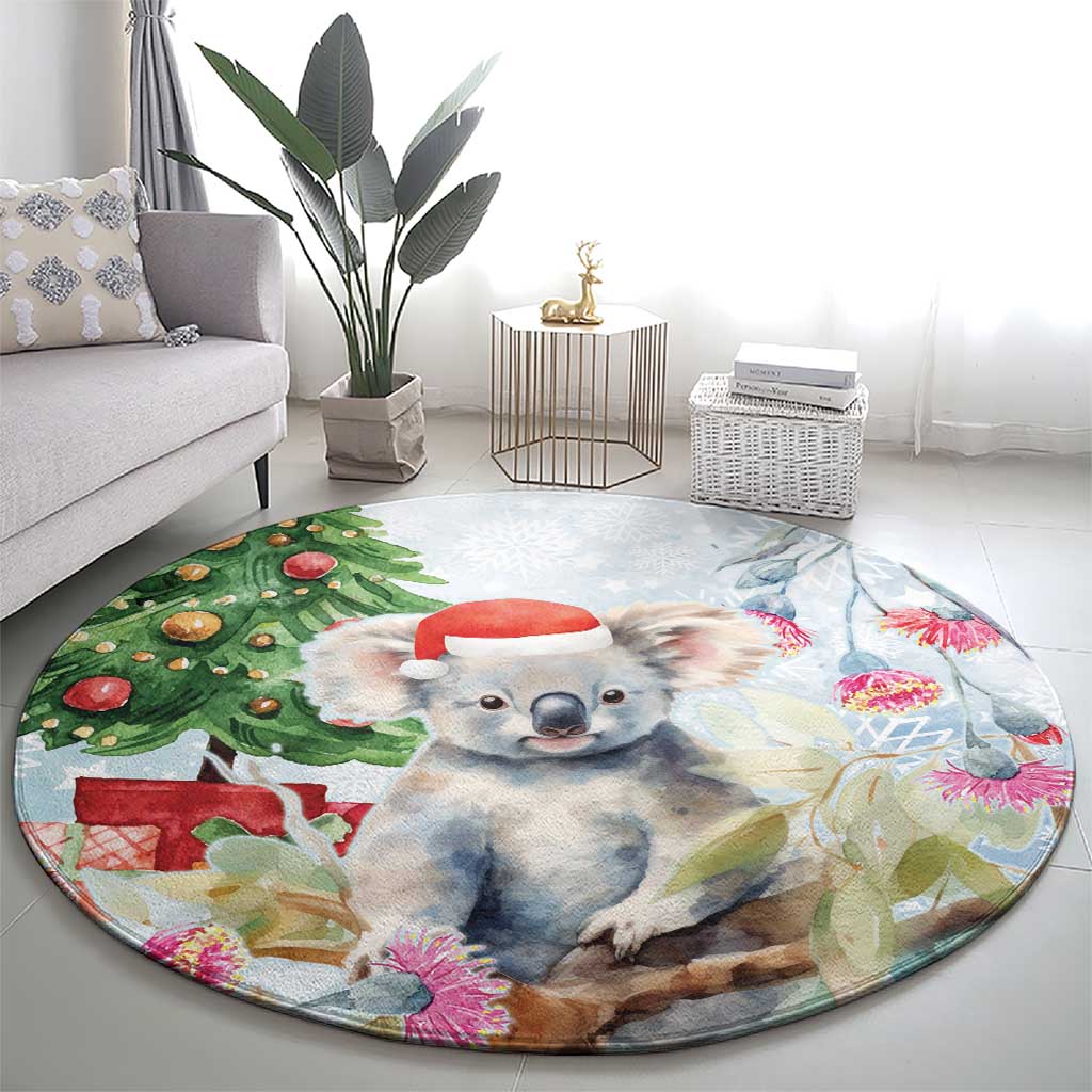Australia Christmas Round Carpet Koala Santa With Eucalyptus - Watercolor