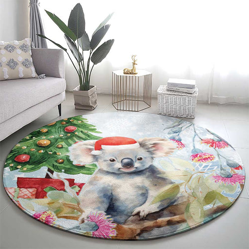 Australia Christmas Round Carpet Koala Santa With Eucalyptus - Watercolor