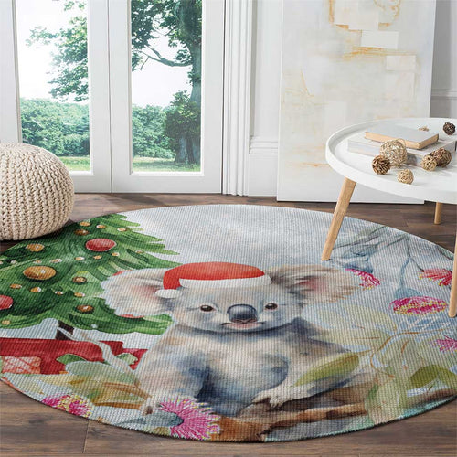 Australia Christmas Round Carpet Koala Santa With Eucalyptus - Watercolor