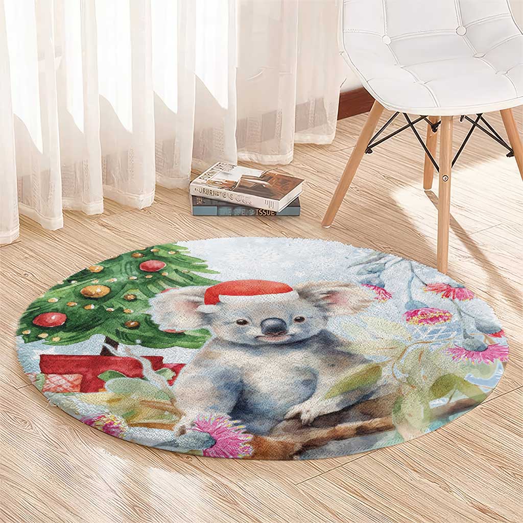 Australia Christmas Round Carpet Koala Santa With Eucalyptus - Watercolor
