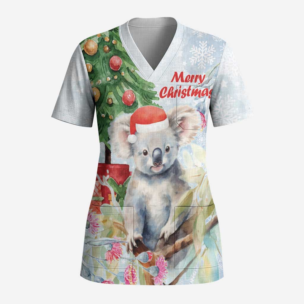 Australia Christmas Scrub Top Koala Santa With Eucalyptus - Watercolor - Aussie Hoodie