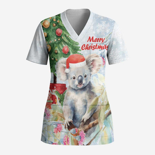 Australia Christmas Scrub Top Koala Santa With Eucalyptus - Watercolor - Aussie Hoodie