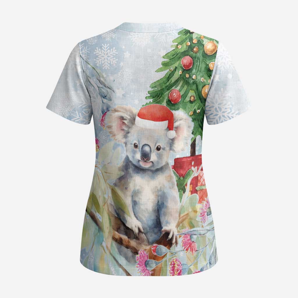 Australia Christmas Scrub Top Koala Santa With Eucalyptus - Watercolor - Aussie Hoodie