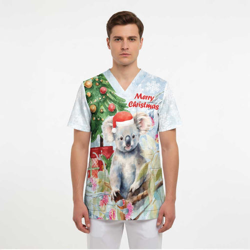 Australia Christmas Scrub Top Koala Santa With Eucalyptus - Watercolor - Aussie Hoodie