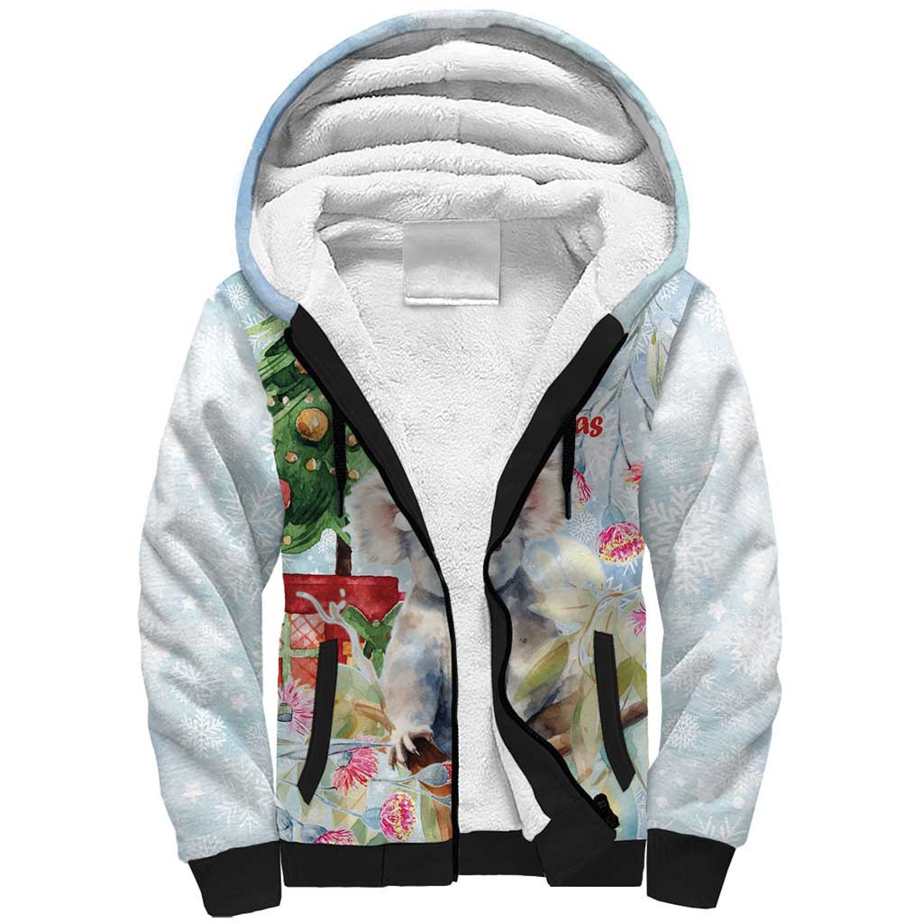 Australia Christmas Sherpa Hoodie Koala Santa With Eucalyptus - Watercolor