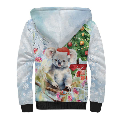 Australia Christmas Sherpa Hoodie Koala Santa With Eucalyptus - Watercolor