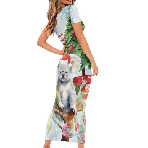 Australia Christmas Short Sleeve Bodycon Dress Koala Santa With Eucalyptus - Watercolor