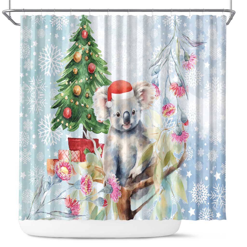 Australia Christmas Shower Curtain Koala Santa With Eucalyptus - Watercolor
