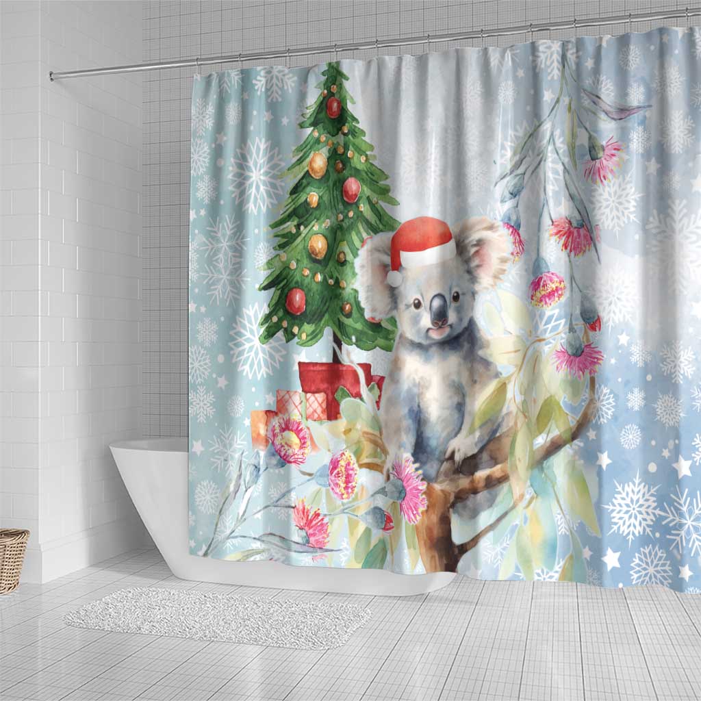 Australia Christmas Shower Curtain Koala Santa With Eucalyptus - Watercolor